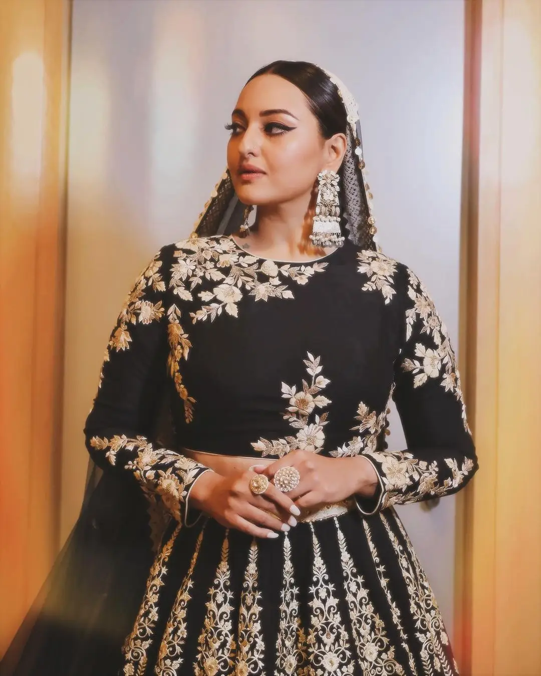 Sonakshi Sinha Wearing Beautiful Earrings Jewellery Black Gown